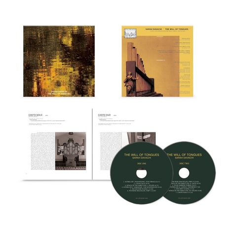"Sarah Davachi - The Will of Tongues." Zwei CD-Cover mit Kunst, Text und zwei CDs mit Titeln und Albumdetails als Layout.