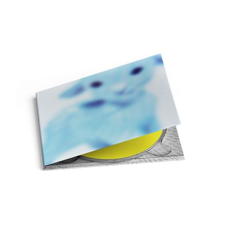 Ein verschwommenes blau-weißes Tier auf einem Cover, darunter eine teilweise sichtbare gelbe CD.