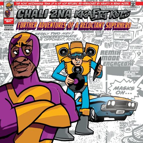 Text: "Chali 2na Krafty Kuts: Further Adventures of a Reluctant Superhero." Illustration: Zwei Superhelden in bunten Kostümen.