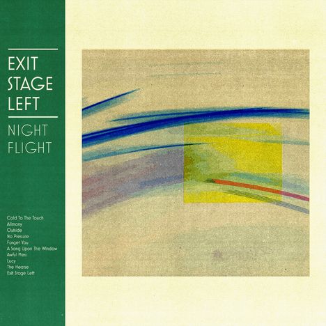 Links steht "EXIT STAGE LEFT" und "NIGHT FLIGHT" in Weiß auf grünem Hintergrund. Rechts abstrakte Kunst mit Farbbögen.