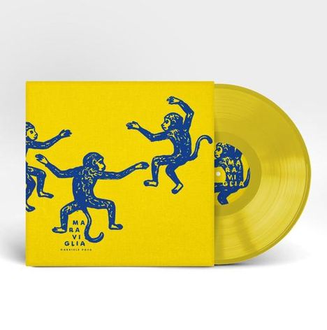 Der Text "MARAVIGLIA" ist auf einem gelben Hintergrund mit blauen tanzenden Affen und einer gelben Vinyl-Schallplatte.