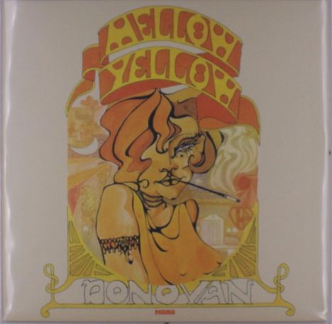 Ein gelbes Retro-Logo mit einem stilisierten Gesicht in warmen Farben, darunter steht "DONOVAN".