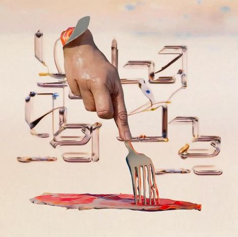 Eine surreale Illustration: Eine schwebende Hand mit einer Gabel sticht in eine geformte rote Fläche. Dahinter abstrakte Formen.