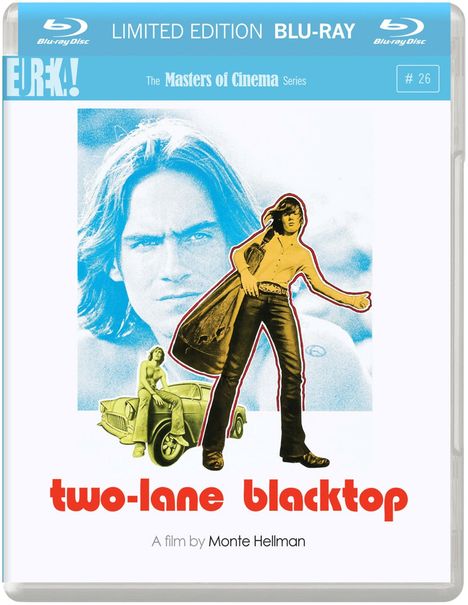 "two-lane blacktop", "A film by Monte Hellman". Illustration eines Mannes vor einem blauen Porträt und einem Auto mit Figuren.