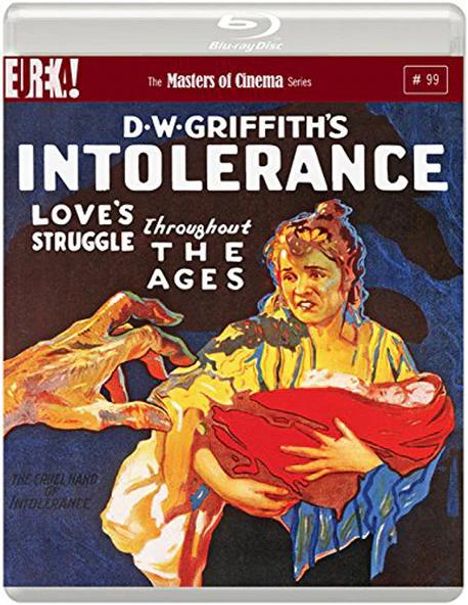 Texte: "INTOLERANCE", "LOVE'S STRUGGLE Throughout THE AGES". Illustration: Frau in gelbem Kleid hält ein Baby, Hände greifen danach.