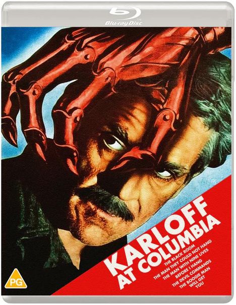 "KARLOFF AT COLUMBIA" steht in Weiß auf rotem Hintergrund. Ein Gesicht von einer roten Skelett-Hand umrahmt.