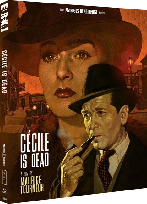 Logo der Masters of Cinema Serie, "Cécile is Dead" Film von Maurice Tourneur, Bild im Retro-Stil zweier Personen.