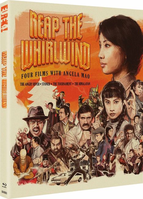 "Reap the Whirlwind" in großen Lettern, darunter "Four Films with Angela Mao". Viele Figuren in einer dramatischen Kampfszene.