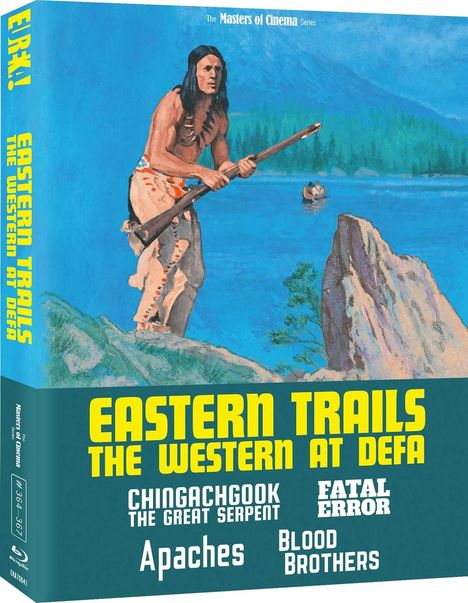 "Eastern Trails: The Western at DEFA" in gelber Schrift, Namen wie "Chingachgook" und "Apaches". Illustration eines Mannes mit Gewehr vor Bergkulisse.