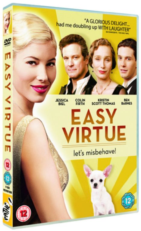 "EASY VIRTUE" in Großbuchstaben, darunter "let's misbehave!". Gesichter von vier Personen, ein kleiner Hund.