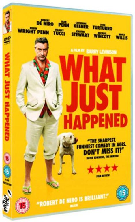 Text: "What Just Happened", "A Film by Barry Levinson". Mann im Anzug mit buntem Hemd, Hund daneben; gelber Hintergrund.