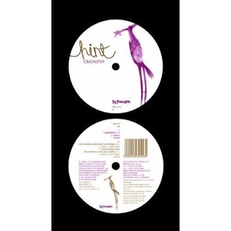 Oben: "Hint - Cmonstep". Unten: Trackliste mit Barcode. Illustration von lila Vogel auf weißem Hintergrund.