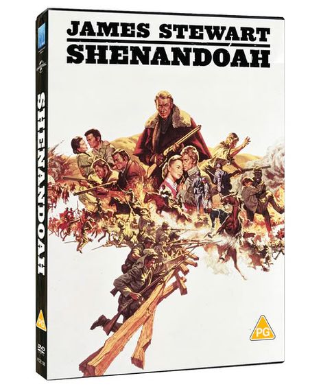 Text oben: "JAMES STEWART SHENANDOAH". Unten Markierung "PG". Dynamische Kriegs- und Familienszenen. DVD-Hülle.