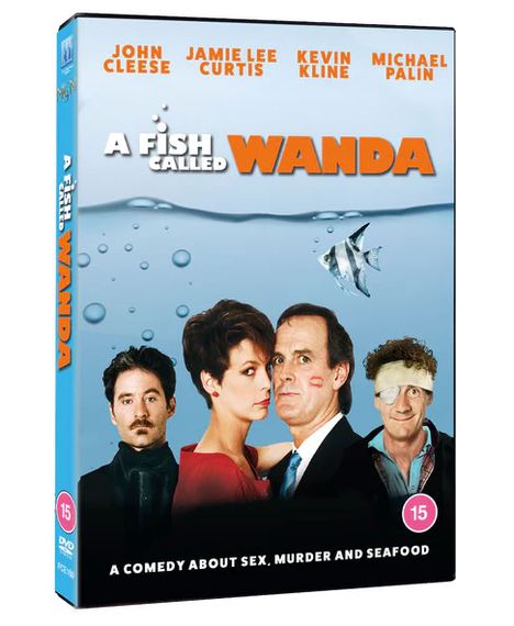 „A Fish Called Wanda.“ Bild von vier Personen unter Wasser mit einem schwimmenden Fisch. Text: „A Comedy About Sex, Murder and Seafood.“