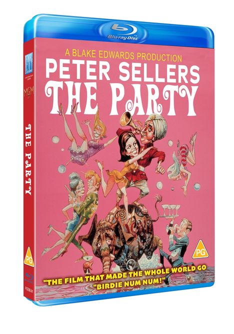 Cover der Blu-ray von "The Party", Blake Edwards Produktion, mit bunter Illustration von feiernden Personen.