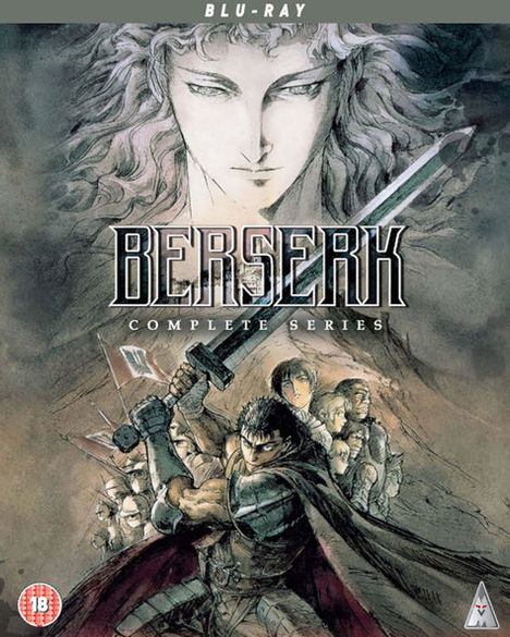 Oben: "Blu-ray", "BERSERK", "COMPLETE SERIES". Illustration: ein Krieger mit Schwert, darüber ein Gesicht. Ab 18.