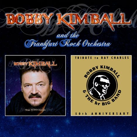 Text: "Bobby Kimball and the Frankfurt Rock Orchestra", "Tribute to Ray Charles", "50th Anniversary". Links: Porträtfoto, rechts: Logo mit Silhouette.