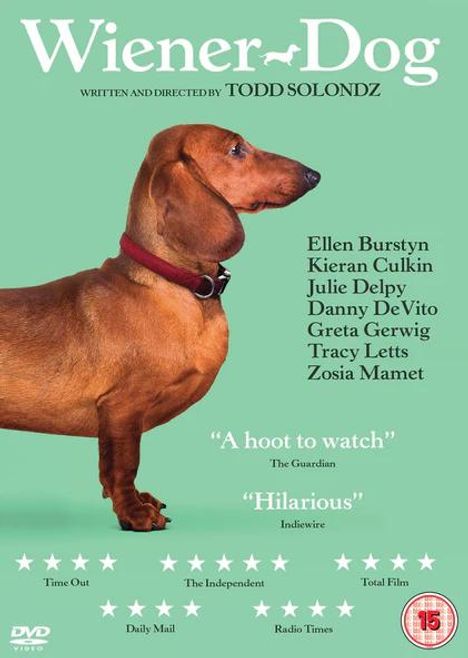 „Wiener-Dog“, Regie Todd Solondz. Ellen Burstyn, Kieran Culkin, Julie Delpy, Danny DeVito. Dackel auf grünem Hintergrund.