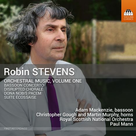 "Robin STEVENS, Orchestral Music, Volume One" mit einer Person im Anzug. Links oberes Logo mit Klaviertasten.