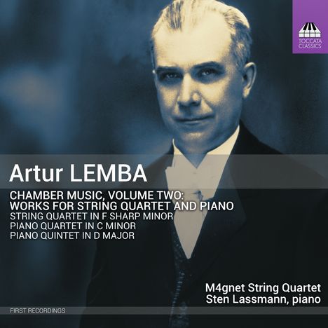 Artur Lemba, Kammermusik Vol. 2, Werke für Streichquartett und Klavier. Abgebildet ist ein Mann im Anzug. Logo oben rechts.