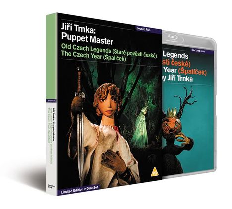 Titel: Jiří Trnka: Puppet Master. Abbildungen zeigen Puppenfiguren in einem Wald und eine düstere Kreatur auf einem blauen Hintergrund.