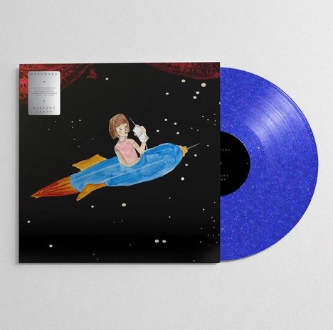 Ein Mädchen fliegt auf einer blauen Rakete im Weltall. Daneben eine funkelnde, violette Schallplatte.