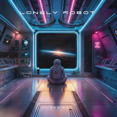 „LONELY ROBOT“ oben, „I NEED MY SPACE“ rechts, „ENDING“ unten. Illustration: Astronaut blickt durchs Fenster ins All.