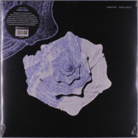 Text: "MINUTIANE FABIO ANILE". Illustration: Ein violett-weißer, konzentrischer, blumenartiger Wirbel auf schwarzem Grund.