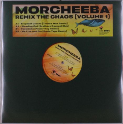 "Morcheeba Remix The Chaos (Volume 1)" mit Titelliste. Dunkler Hintergrund, zentrales Element durch eine Vinyl-Schallplatte.