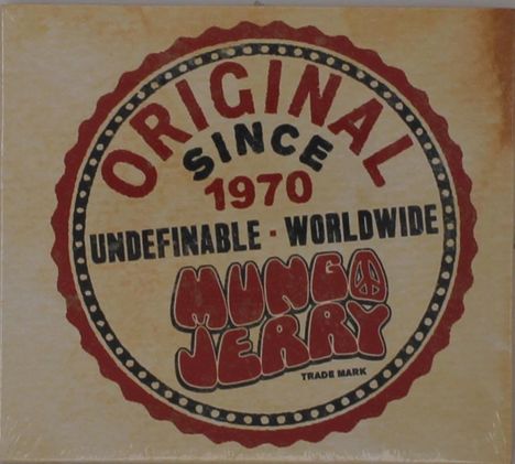 "Original since 1970, Undefinable Worldwide, Mungo Jerry." Ein rundes Logo mit rotem Rand auf beigem Hintergrund.