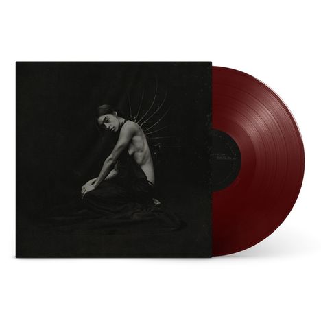 Ein Cover zeigt eine nachdenkliche Person, kniend, mit dunklem Hintergrund und roten Vinyl.