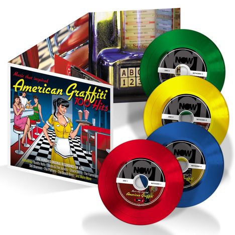 „American Graffiti: 100 Hits“ mit bunten Schallplatten und einem Diner-Motiv mit einer Kellnerin in gelber Uniform.