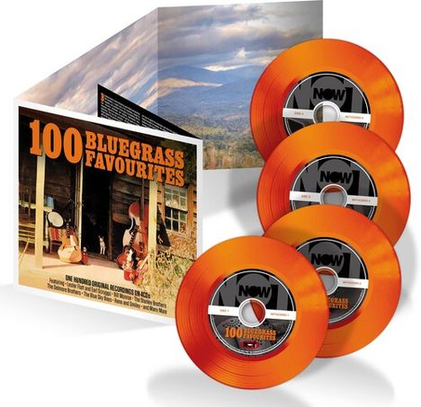 "100 Bluegrass Favourites" und vier orangene Schallplatten, Landschaftsfoto mit Bergen im Hintergrund.