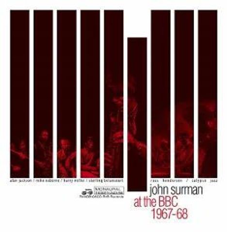 "John Surman at the BBC 1967-68" in roten Buchstaben. Vertikale Balken mit schemenhaften Musikern im Hintergrund.