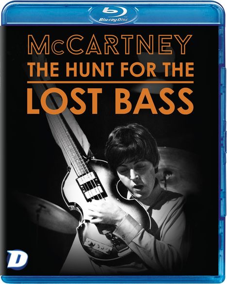 "McCARTNEY THE HUNT FOR THE LOST BASS" in orangen Lettern, schwarz-weißes Foto eines Musikers mit Bass auf einer Blu-ray-Hülle.