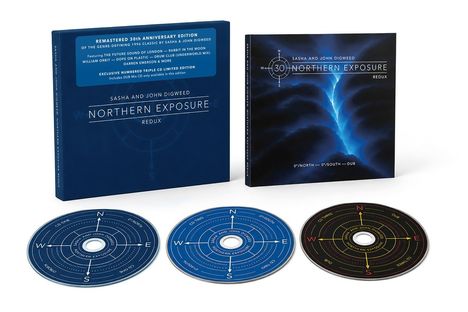 Box und Hülle mit "Sasha and John Digweed Northern Exposure Redux". Drei CDs mit Himmelsrichtungen dekoriert.