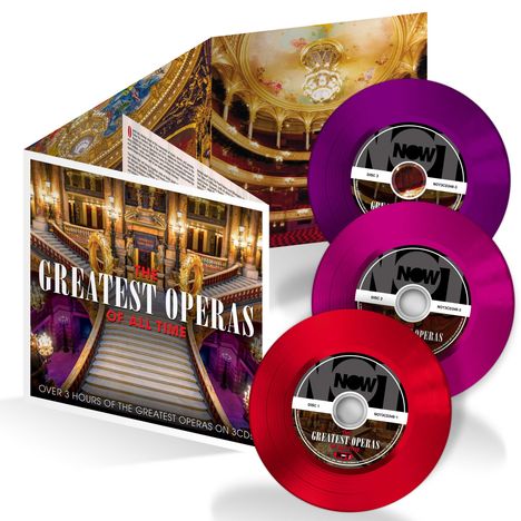 Text: "THE GREATEST OPERAS OF ALL TIME. OVER 3 HOURS OF THE GREATEST OPERAS ON 3CDs." Drei farbige CDs und ein opulentes Booklet.