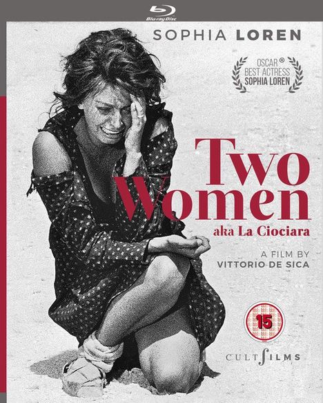 Text: "TWO WOMEN aka La Ciociara", "A film by Vittorio De Sica", "Sophia Loren". Schwarz-Weiß-Foto einer lachenden Frau.