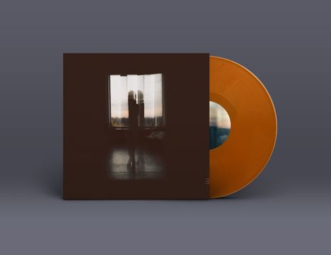 Eine orangefarbene Vinyl-Schallplatte mit einem Albumcover. Das Cover zeigt eine Silhouette vor einem erleuchteten Fenster.