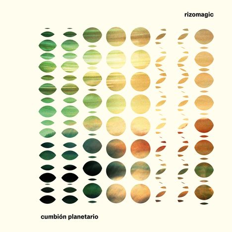 rizomagic, cumbión planetario. Verschiedene Reihen aus grünen und gelben Kreisen und Linsen auf hellem Hintergrund.