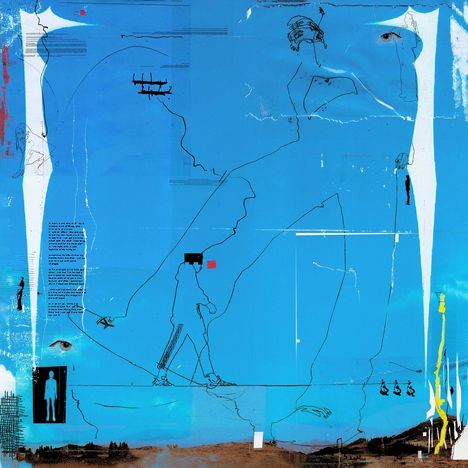 Eine abstrakte Komposition in Blau mit schwarzen Linien, ein Auge, eine Figur und ein rotes Quadrat.