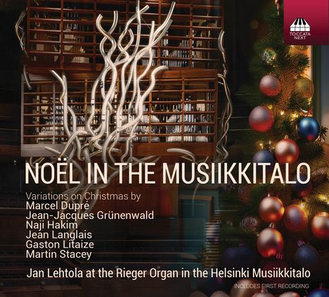 „NOËL IN THE MUSIIKKITALO“, Künstlernamen, ein beleuchteter Weihnachtsbaum, Orgelpfeifen, Logo oben rechts.