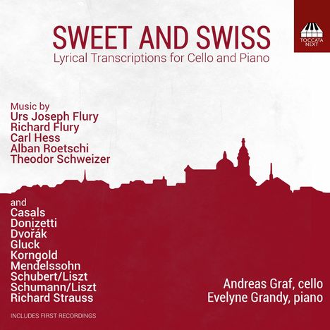 "SWEET AND SWISS" Lyrical Transcriptions, Musik von Flury, Hess, u.a. Silhouette einer Stadt am unteren Rand.