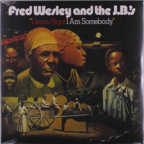 „Fred Wesley and the J.B.'s ‚Damn Right I Am Somebody.‘“ Illustration mit verschiedenen porträtierten Personen im Vordergrund.