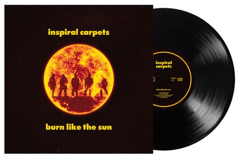 Text: "inspiral carpets", "burn like the sun".  
Illustration eines orange glühenden Sonnensymbols mit Silhouetten.
