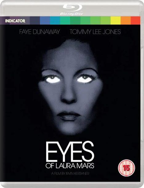 Text oben: Faye Dunaway, Tommy Lee Jones. Unten: Eyes of Laura Mars, A Film by Irvin Kershner. Gesicht einer Frau in Blau-Schwarz.