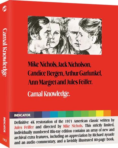 Texte: Carnal Knowledge. Mike Nichols, Jack Nicholson, Candice Bergen, Arthur Garfunkel, Ann-Margret, Jules Feiffer. Illustration: vier Gesichter.  