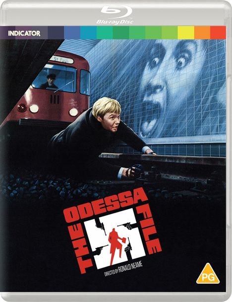 THE ODESSA FILE in rotem Text, Mann kriecht vor Zug; riesiges, schockiertes Gesicht im Hintergrund.