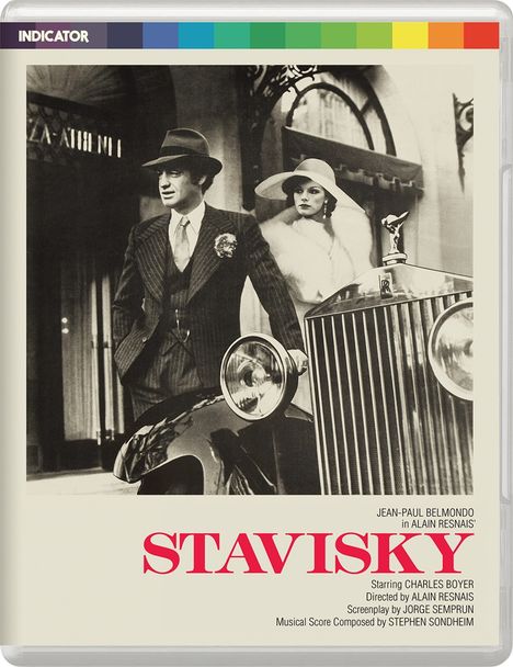 „STAVISKY“ in roter Schrift. Bild: Mann und Frau in eleganter Kleidung neben einem Oldtimer-Rolls-Royce.