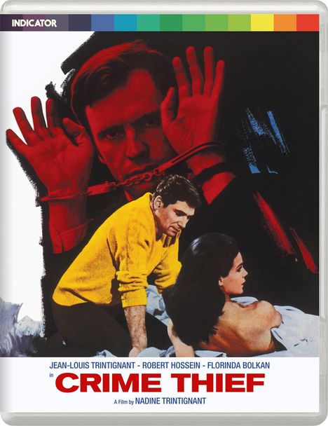 Oben: "INDICATOR", Mitte: "JEAN-LOUIS TRINTIGNANT - ROBERT HOSSEIN - FLORINDA BOLKAN in CRIME THIEF".  
Ein Mann in Handschellen; ein Paar.
